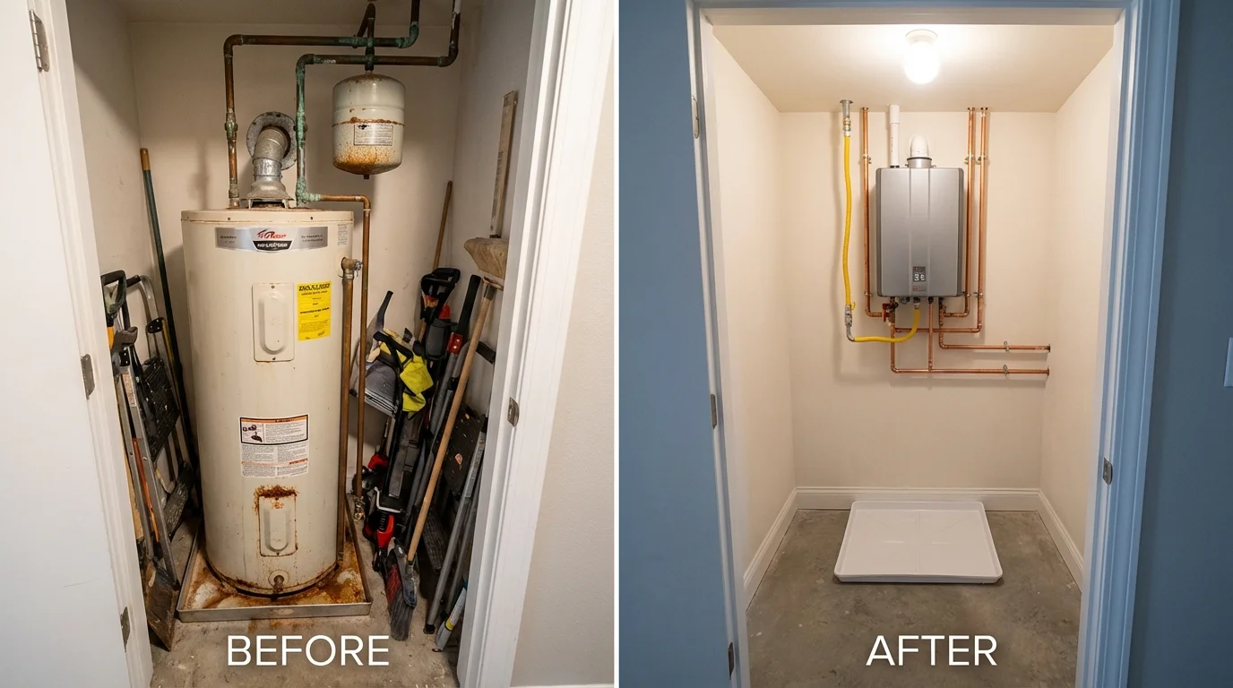Tank water heater versus wall-mounted tankless unit comparison for Williamstown, VT homeowners