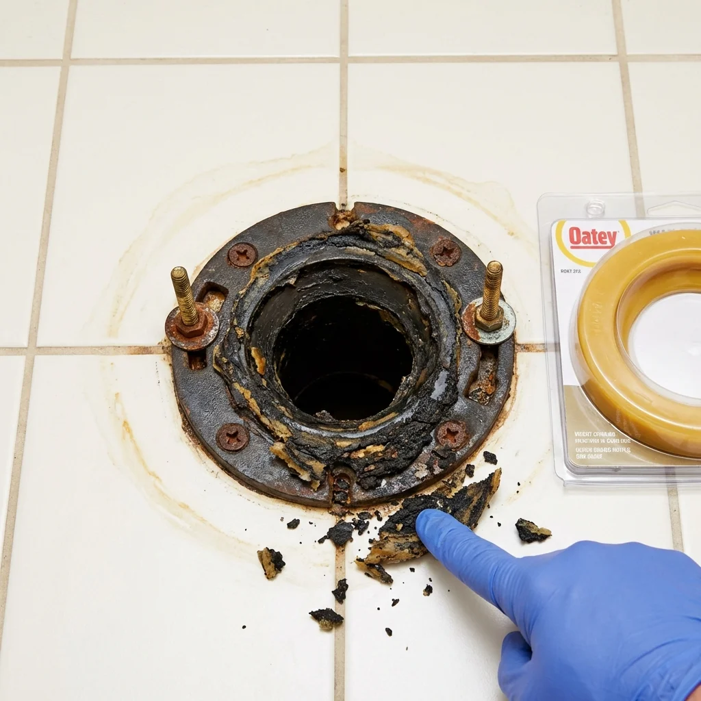Failed wax ring showing water seepage at the base of a toilet in a Williamstown, VT home