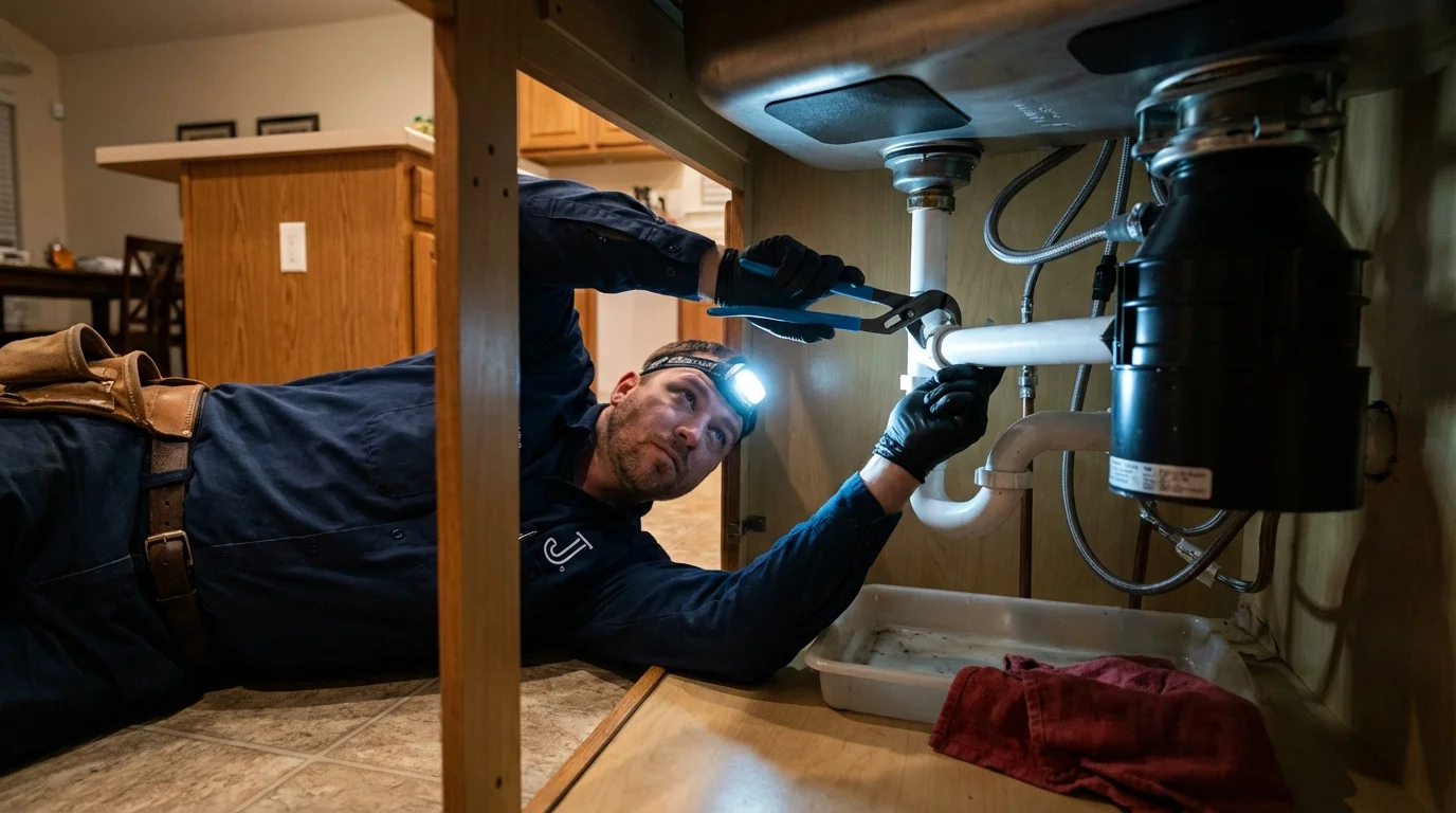 P-trap and supply line connections under a kitchen sink showing a common leak point in Williamstown, VT